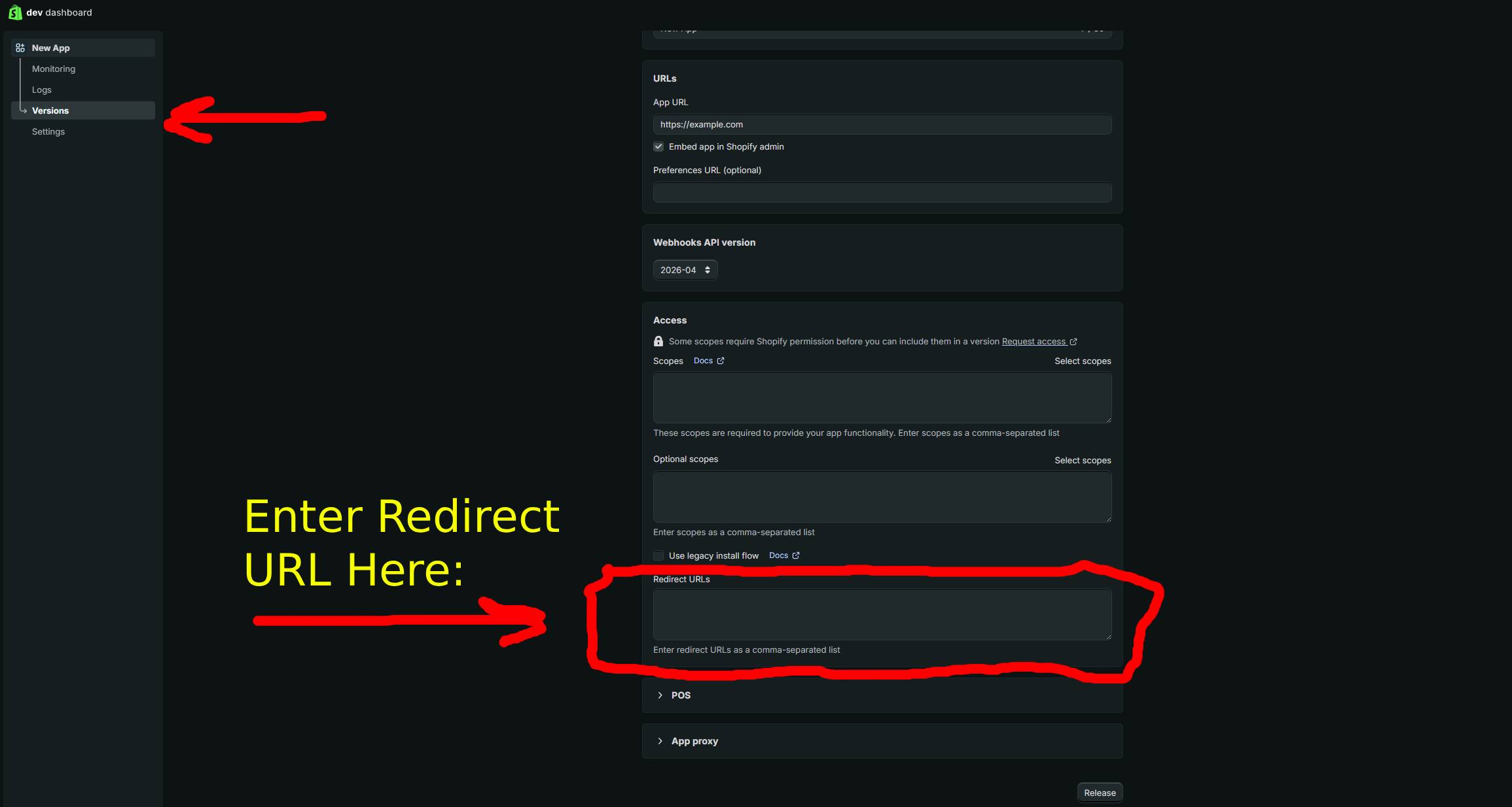 Configuring the allowed redirect URL in Shopify app settings