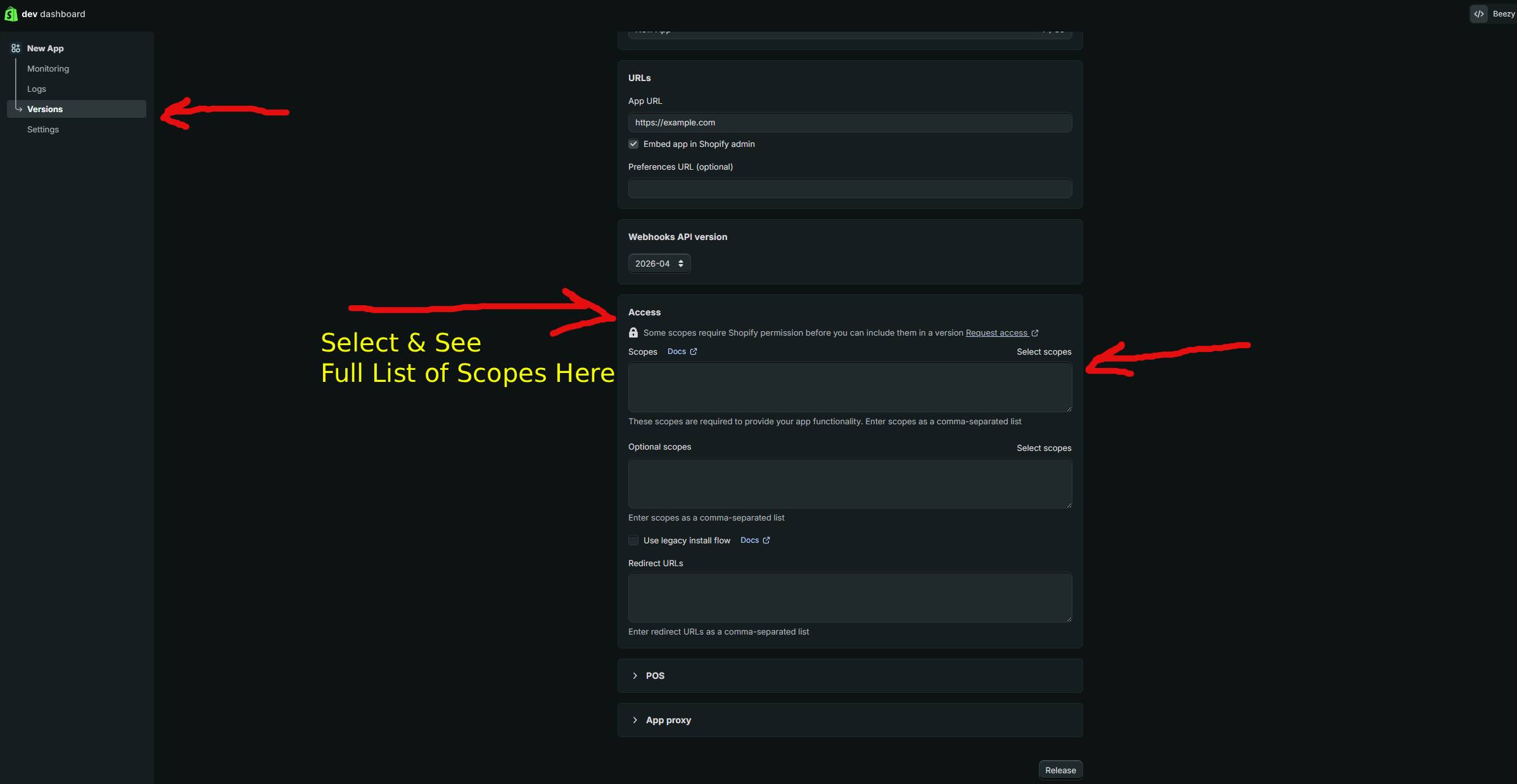 Selecting API access scopes in the Shopify Partner Dashboard